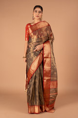 Grey Silk Saree With Red Border643 video